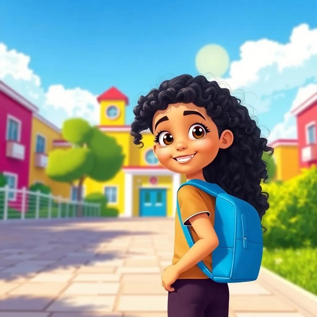 A cheerful young Arab girl, Lana, with long, curly hair, wearing a blue backpack, walking towards a colorful school building under a sunny sky, digital art, bright colors, inviting atmosphere, high quality