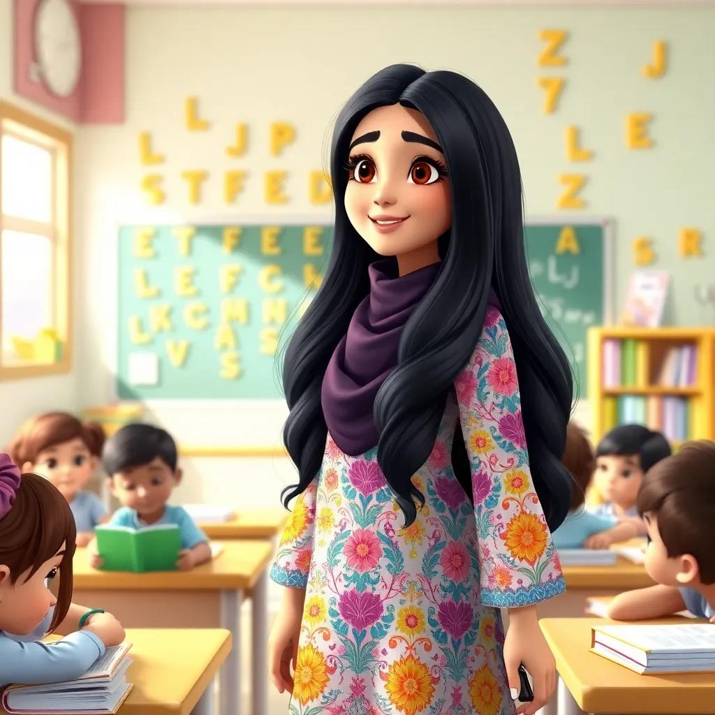 A beautiful Arab girl, Lana, with long black hair, wearing a colorful dress, standing in a bright classroom filled with letters and books, explaining the Arabic letters to her classmates, digital art, vibrant colors, cheerful atmosphere, high quality