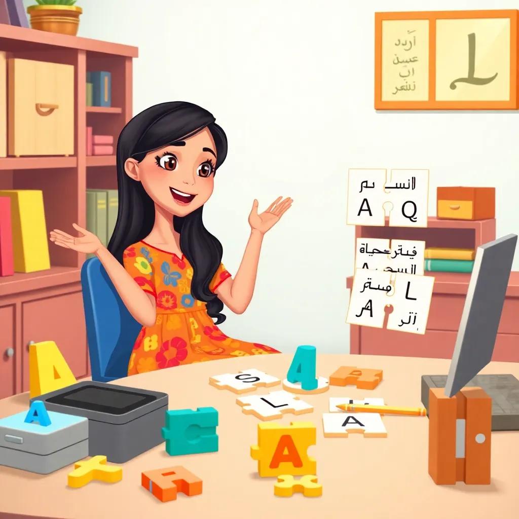 Lana, a beautiful Arab girl with long black hair in a colorful dress, sitting at her desk with Arabic letters around her, enthusiastically explaining how letters look in different positions, surrounded by puzzles and games, illustration, engaging, educational feel, high quality