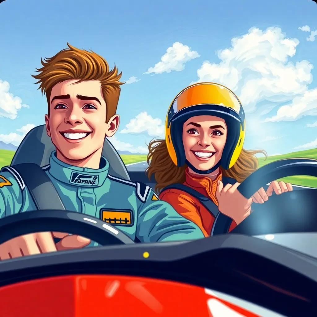 A cheerful racing scene with a fast car, showing Lando Norris, a young man with short brown hair, wearing a racing suit, and Hala, a young woman with long wavy hair, wearing a bright helmet, both smiling as they race on a sunny day, digital art, vibrant colors, joyful atmosphere, high quality