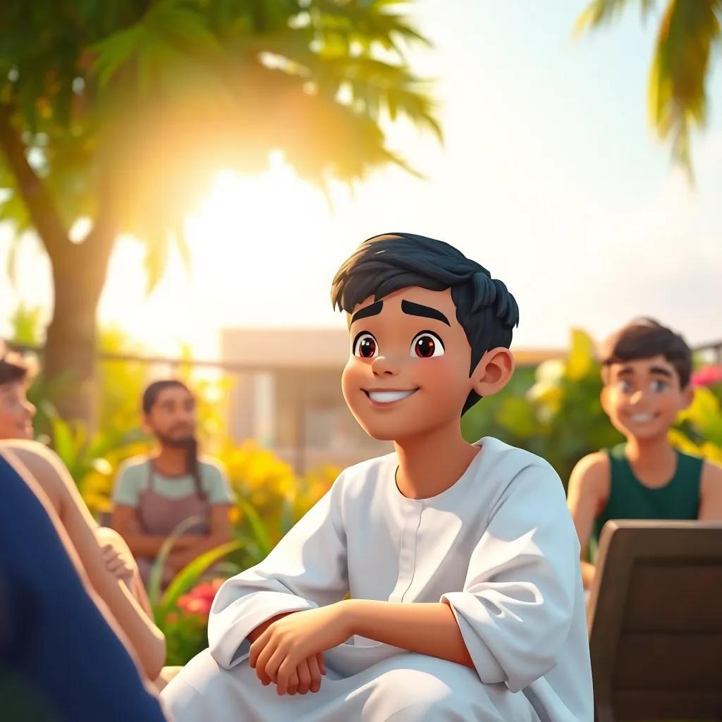 A young Arab boy, يوسف, with short black hair wearing a simple white thobe, sitting in a garden with friends under a bright sun, cheerful atmosphere, summer vibes, digital art, colorful, inviting scene.
