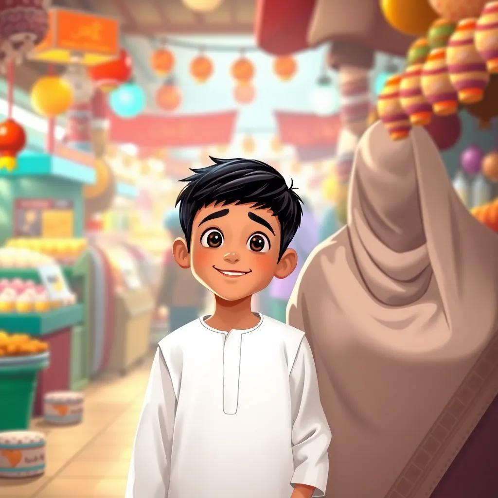 A young Arab boy, يوسف, with short black hair wearing a simple white thobe, walking with his mother at a vibrant market filled with sweets and colors, joyful expression, warm lighting, family bonding, illustration.