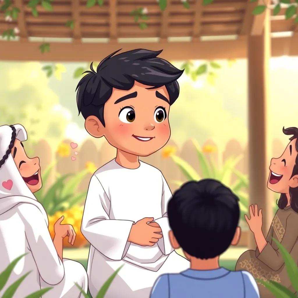 A young Arab boy, يوسف, with short black hair wearing a simple white thobe, listening to friends in a garden, friendly gestures, laughter in the air, cozy setting, cartoon style, engaging.