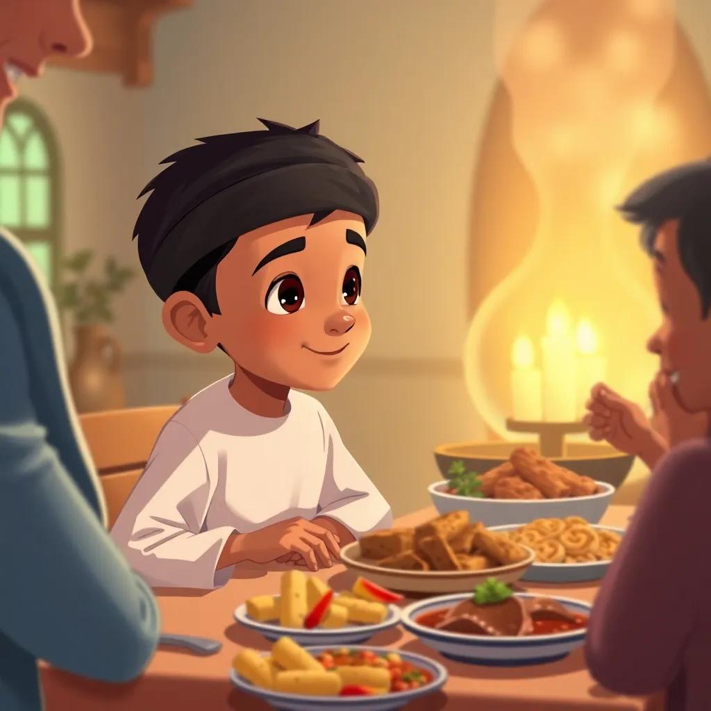 A young Arab boy, يوسف, with short black hair wearing a simple white thobe, seated at a dinner table with family, filled with delicious food, warm ambiance, storytelling moment, heartwarming scene, illustration.