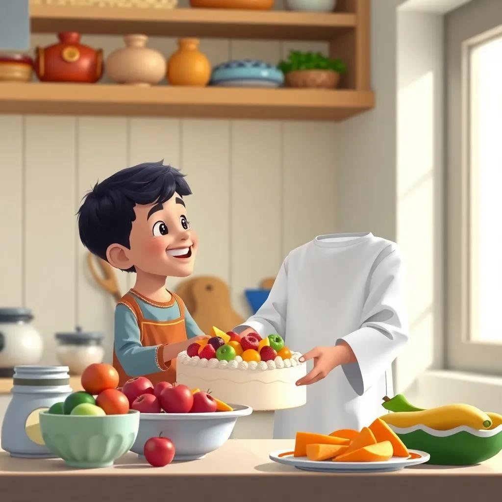 A young Arab boy, يوسف, with short black hair wearing a simple white thobe, happily preparing a fruit cake in the kitchen, smiling at his friend helping him, colorful ingredients, joyful moment, character-driven illustration.