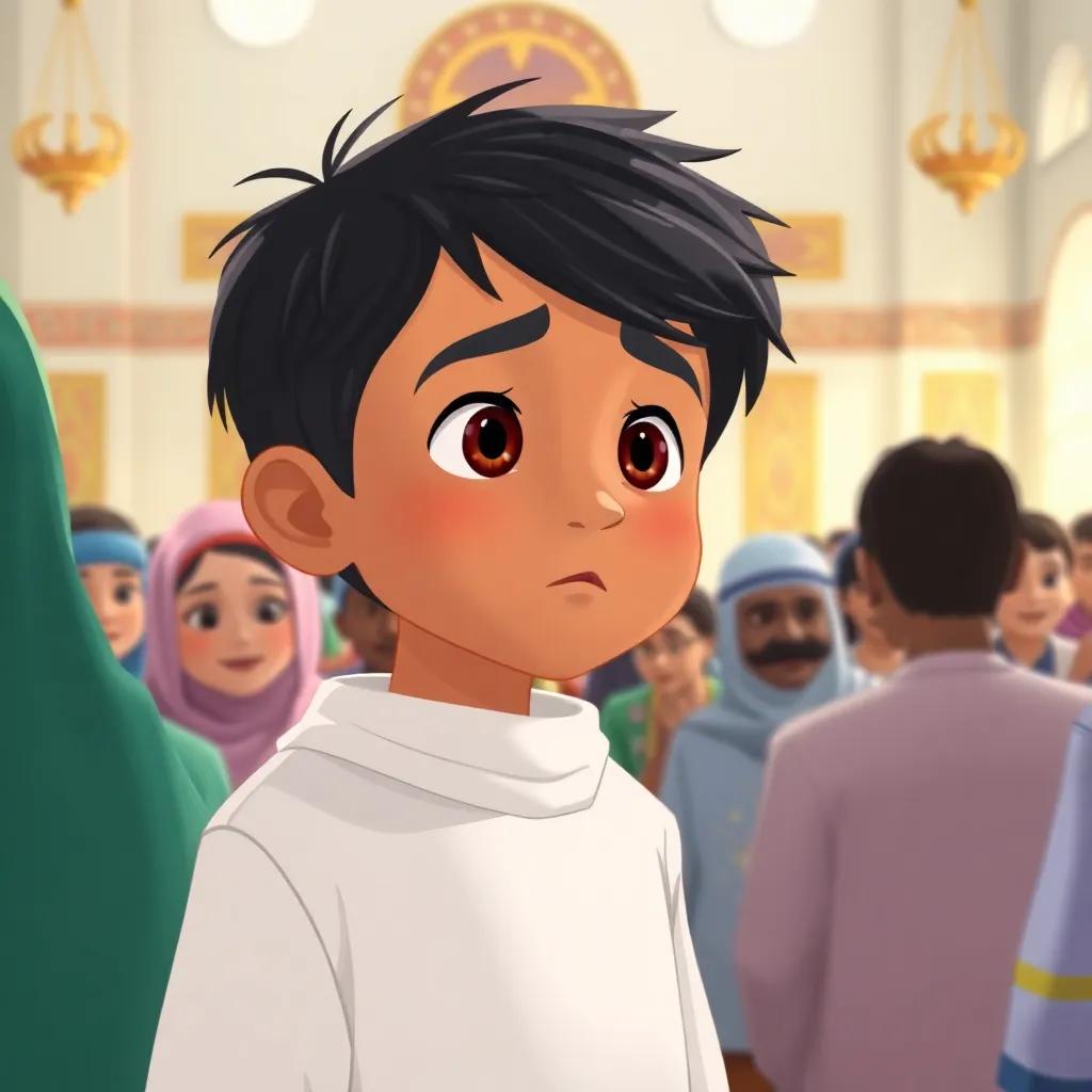 A young Arab boy, يوسف, with short black hair wearing a simple white thobe, listening to an imam in a mosque, surrounded by community members, attentive and thoughtful, spiritual setting, community-focused illustration.