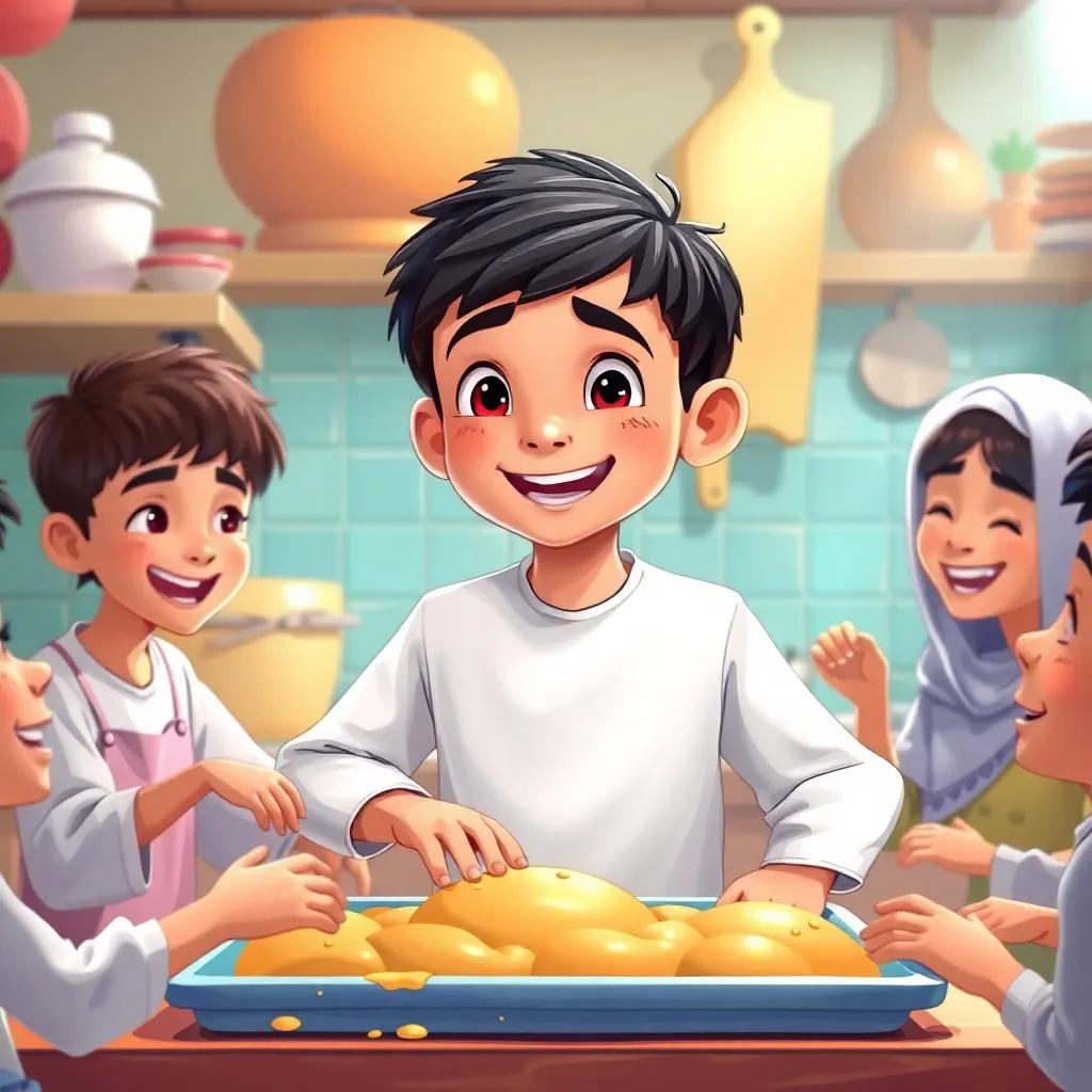 A young Arab boy, يوسف, with short black hair wearing a simple white thobe, surrounded by friends baking in the kitchen, laughing and having fun, colorful surroundings, lively atmosphere, illustration.