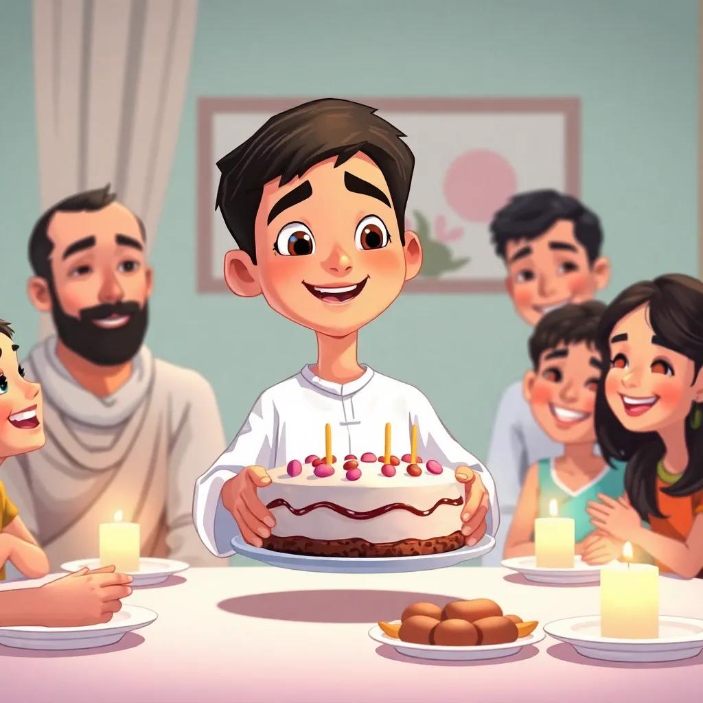 A young Arab boy, يوسف, with short black hair wearing a simple white thobe, proudly presenting a homemade cake to his family, smiling faces around the table, celebration vibes, warm lighting, joyful moment, illustration.