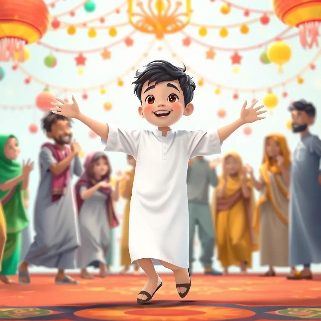 A young Arab boy, يوسف, with short black hair wearing a simple white thobe, in a joyful dance with friends in the background, celebrating Eid together, colorful decorations, festive atmosphere, cartoon style, cheerful vibes.
