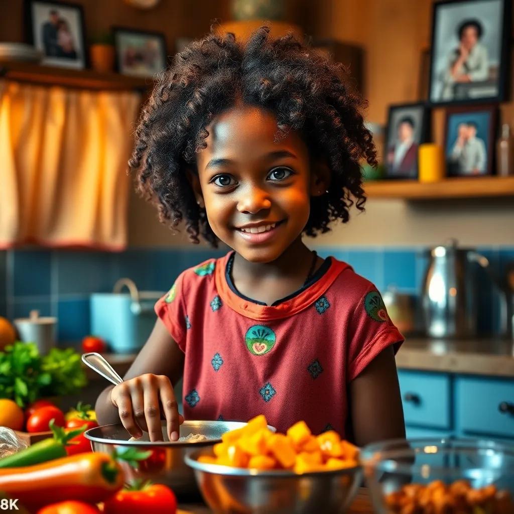 A young Sudanese girl, Lujain, with light brown skin and curly hair, cooking in a cozy kitchen, surrounded by colorful ingredients, warm lighting, family photos on the wall, digital art, cheerful and welcoming atmosphere, vibrant colors, high quality