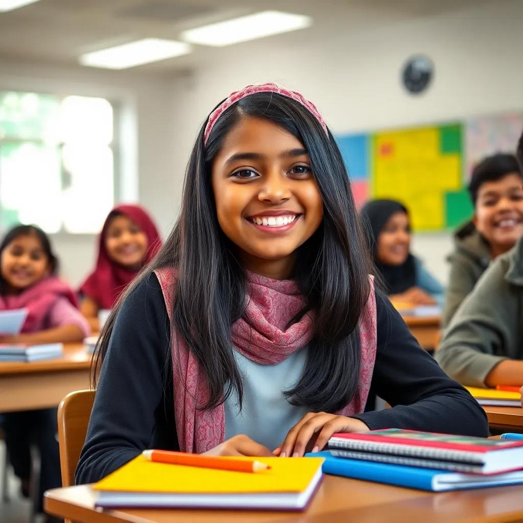 A beautiful Saudi girl, Shumoukh, with dark brown skin and shoulder-length straight hair, sitting in a school classroom, laughing with friends and colorful notebooks, bright and lively setting, cheerful expression, bright colors, high quality