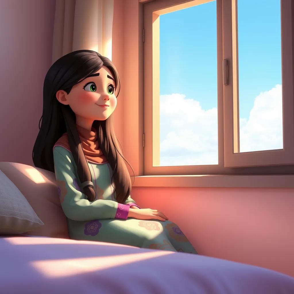 A young Arab girl, Noura, with long, dark hair, wearing a colorful abaya, sitting by her window in her room with sunlight streaming in, looking at the peaceful blue sky, digital art, soft colors, serene atmosphere, high quality