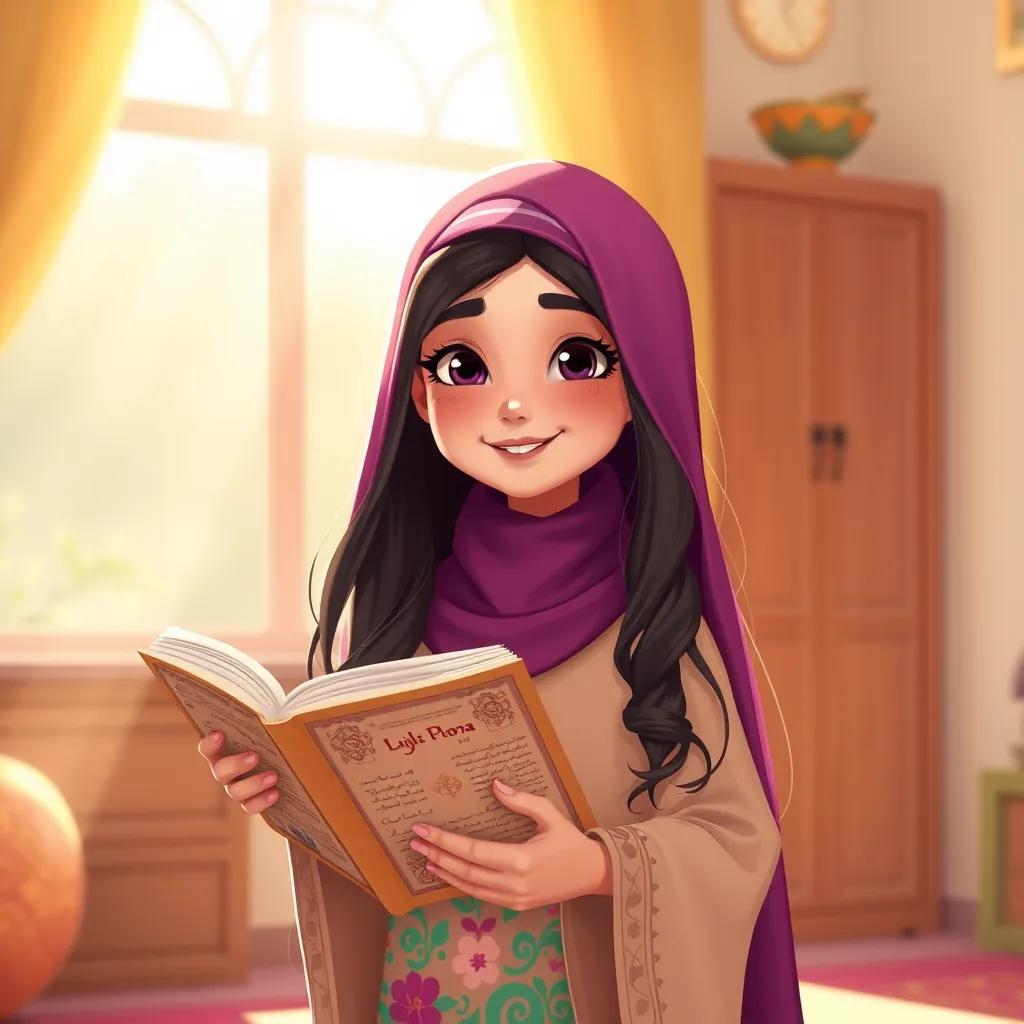 Noura, a young Arab girl, with long, dark hair, wearing a colorful abaya, holding a lovely Quran while smiling, surrounded by bright sunlight filtering through her room, illustration, warm tones, inviting light, child-friendly