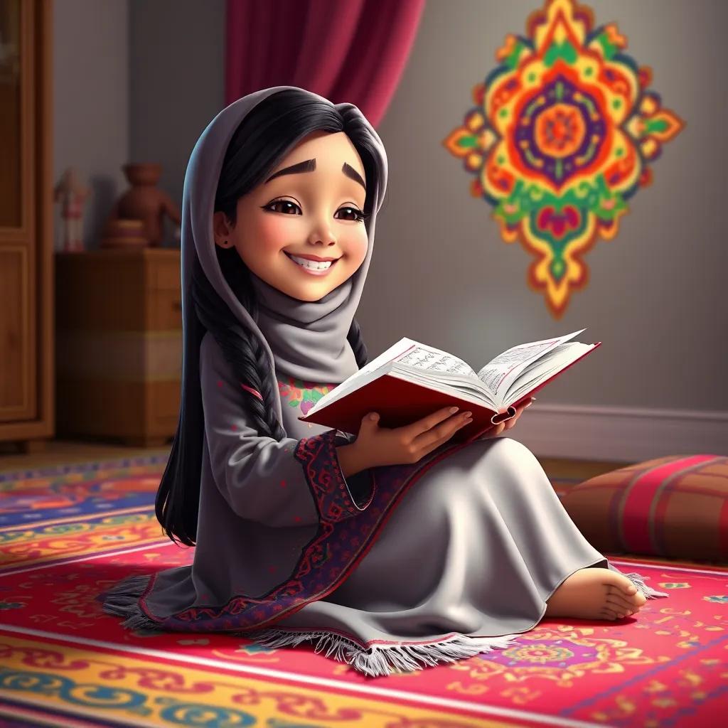 Noura, a young Arab girl, with long, dark hair, wearing a colorful abaya, sitting on a beautiful colorful prayer rug in her room, reading the Quran joyfully, peaceful moment, vibrant colors, uplifting mood, digital art
