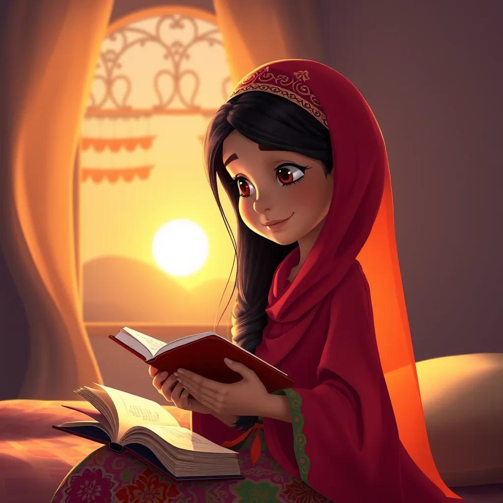 Noura, a young Arab girl, with long, dark hair, wearing a colorful abaya, as she immerses in reading the Quran while the sun rises outside her room, golden light filling the atmosphere, heartwarming, colorful scene, storytelling