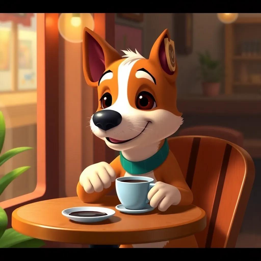 A dog character named Akutagawa, a literary stray dog, sitting at a small cafe table, enjoying a cup of black coffee, with a warm, inviting expression, digital art, cozy atmosphere, soft lighting, vibrant colors, high quality