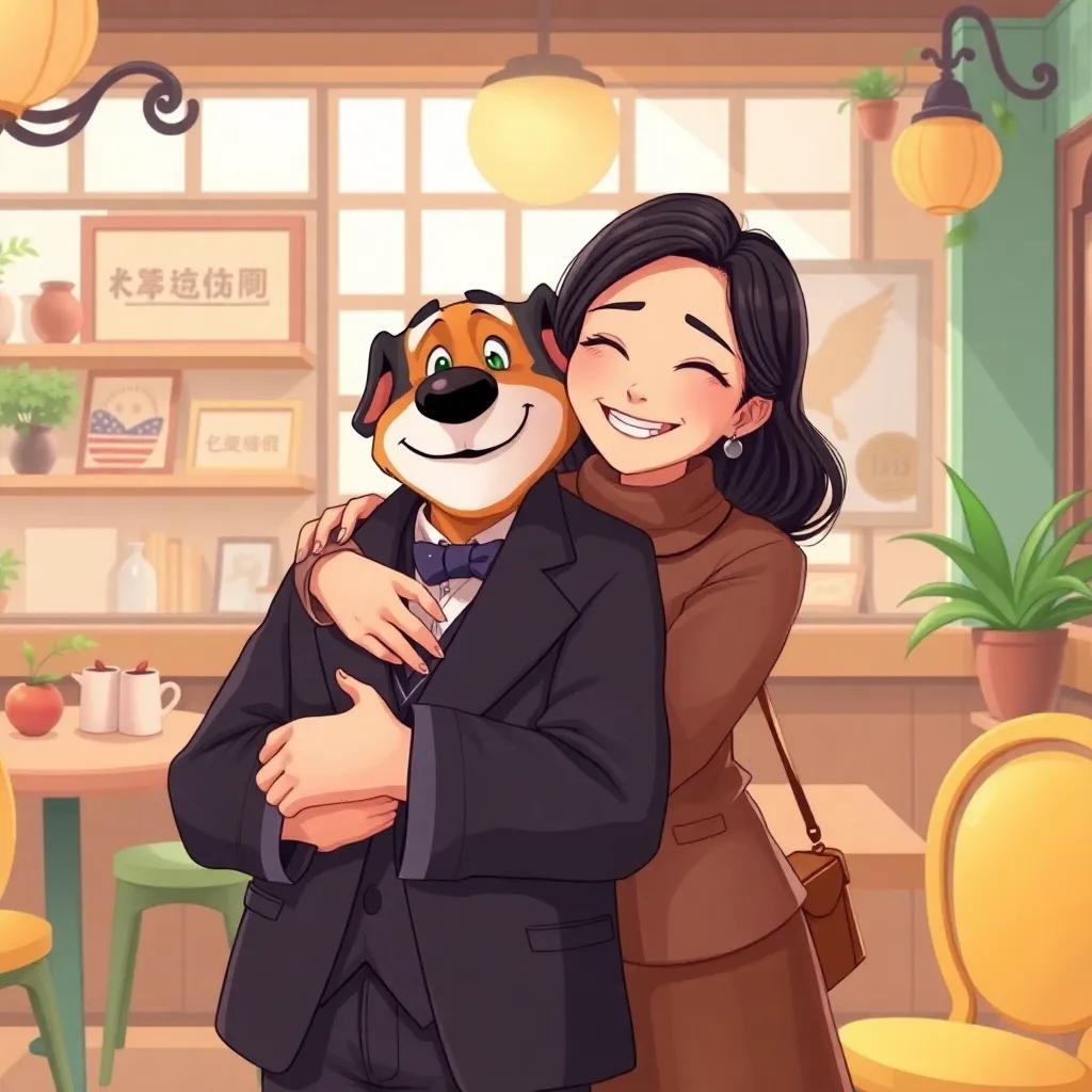 A warm embrace between Akutagawa, the literary stray dog, and his wife Atsushi who is smiling and standing behind him, in a charming café setting, cheerful colors, friendly vibe, heartwarming scene, artistic illustration, high quality