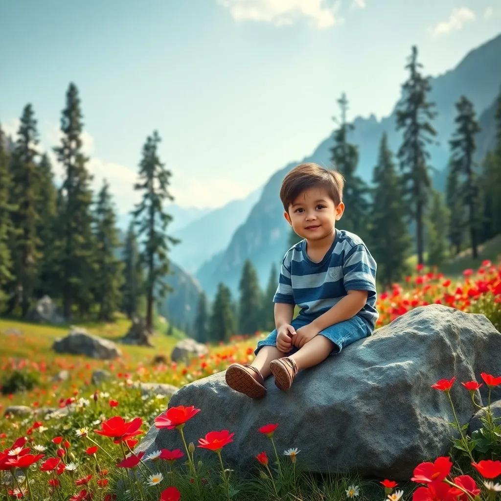A young boy, Sami, sitting on a large rock in a beautiful valley, surrounded by red and white flowers, with tall green trees in the background and high mountains, digital art, vibrant colors, warm and inviting atmosphere, high quality