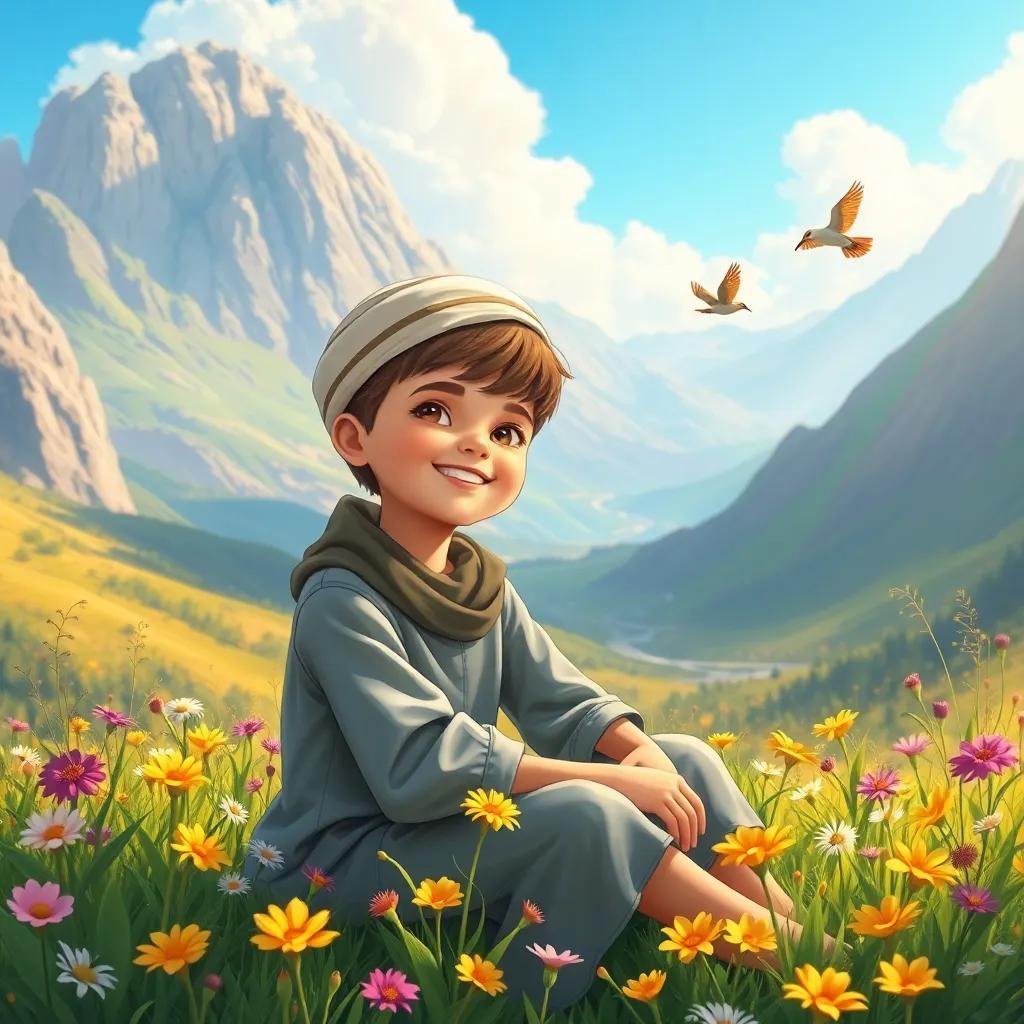 Sami, a young boy, sitting happily in a scenic valley with colorful flowers, a singing bird nearby, under a clear blue sky, joyful and cheerful mood, detailed illustration, enchanting natural beauty