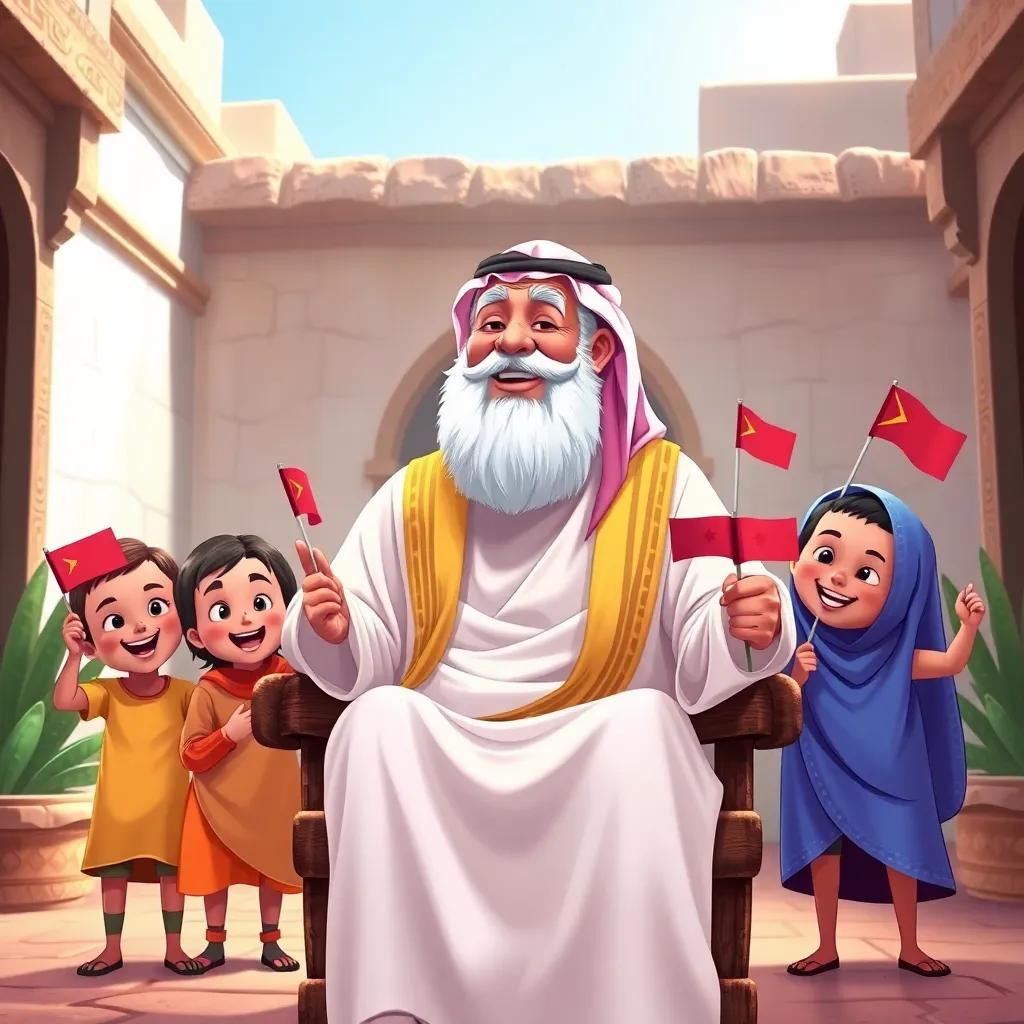 A proud Saudi father, Abu Faisal, with a white beard, sitting on an old wooden chair in his courtyard, smiling at his happy kids, all holding small flags, colorful and rich, storytelling vibe, realistic illustration, high quality
