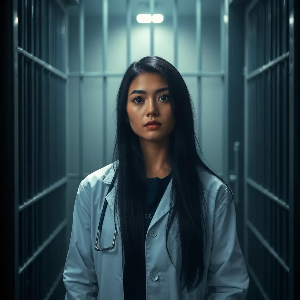 A young woman, Lusy, with long black hair wearing a white doctor's coat, standing inside a prison cell looking determined, emotional expression, dim light, prison bars in the background, digital art, dark colors, focused perspective, high detail