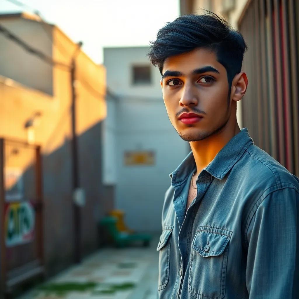 A handsome young man, Karim, with short black hair wearing a casual shirt, standing outside a prison with a curious look as he sees Lusy for the first time, warm sunlight, colorful street, engaging atmosphere, vivid colors, high quality