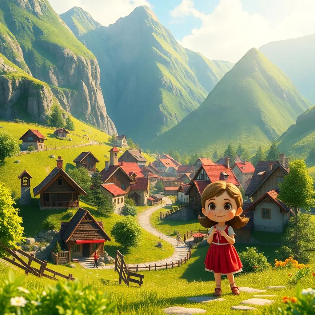 A charming small village surrounded by green mountains, with a curious young girl named Lotef, sunny day, vibrant colors, cheerful atmosphere, digital art, inviting and warm, high quality
