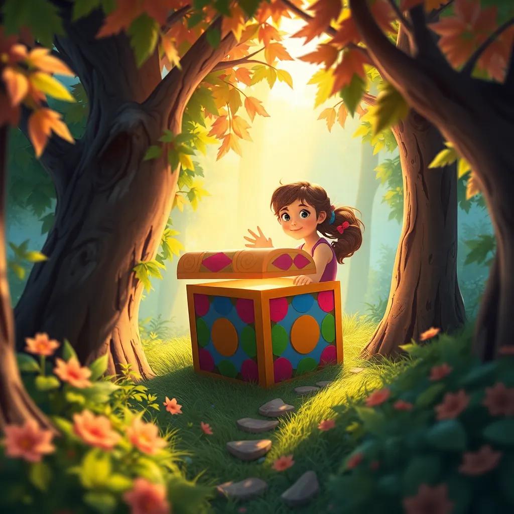 A magical colorful box hidden among trees, with Lotef, a curious girl, reaching out to it, sunlight poking through the leaves, enchanting scenery, detailed illustration, vibrant and magical