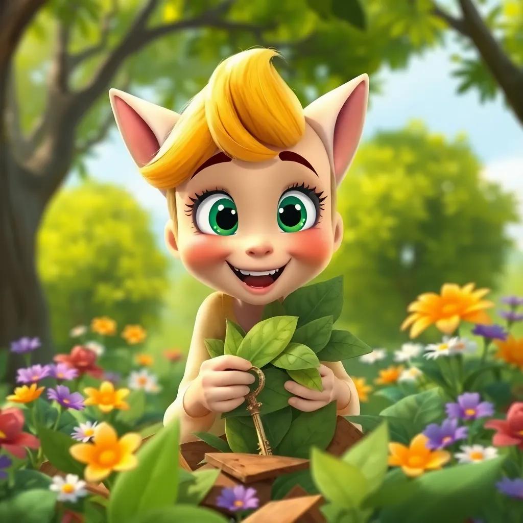 Lotef finding a small key covered in leaves, her eyes wide with excitement, surrounded by green trees and colorful flowers, bright and cheerful, whimsical style, high quality