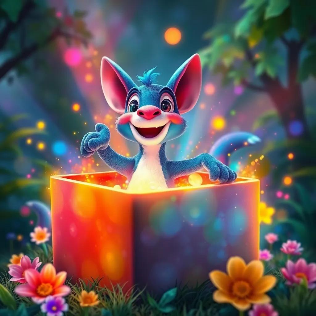 Lotef opening the colorful box slowly, with magical colors bursting out, expressing joy and curiosity, surrounded by nature, vibrant and surreal, digital painting, imaginative