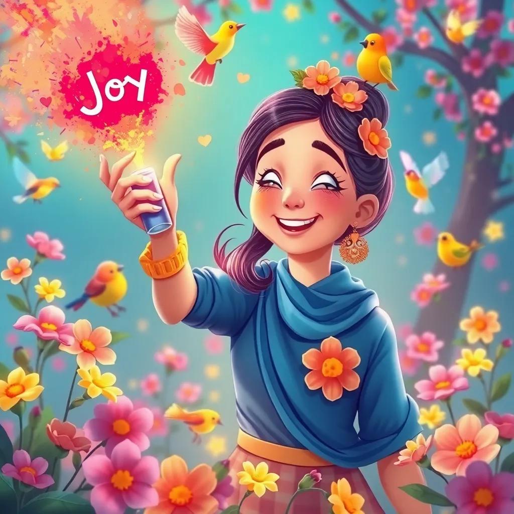 Lotef spraying the 'Joy' color in the air, flowers blooming around her, birds singing, her face lit with happiness, festive environment, bright and colorful, heartwarming illustration