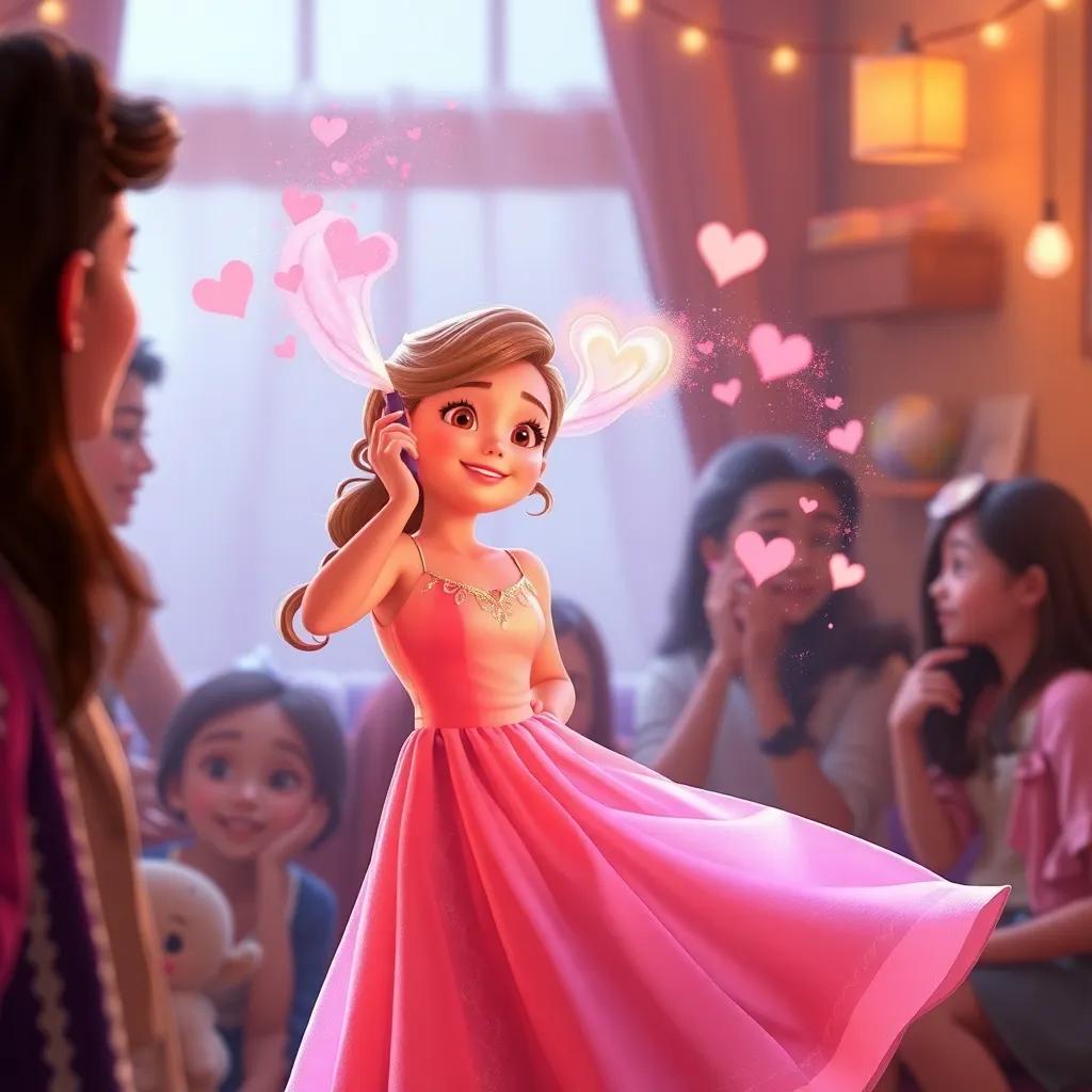 Lotef feeling warmth in her heart as she sprays the 'Love' color, fabric of her dress gently flowing, surrounded by friends, cozy and loving atmosphere, realistic and lively, enchanting