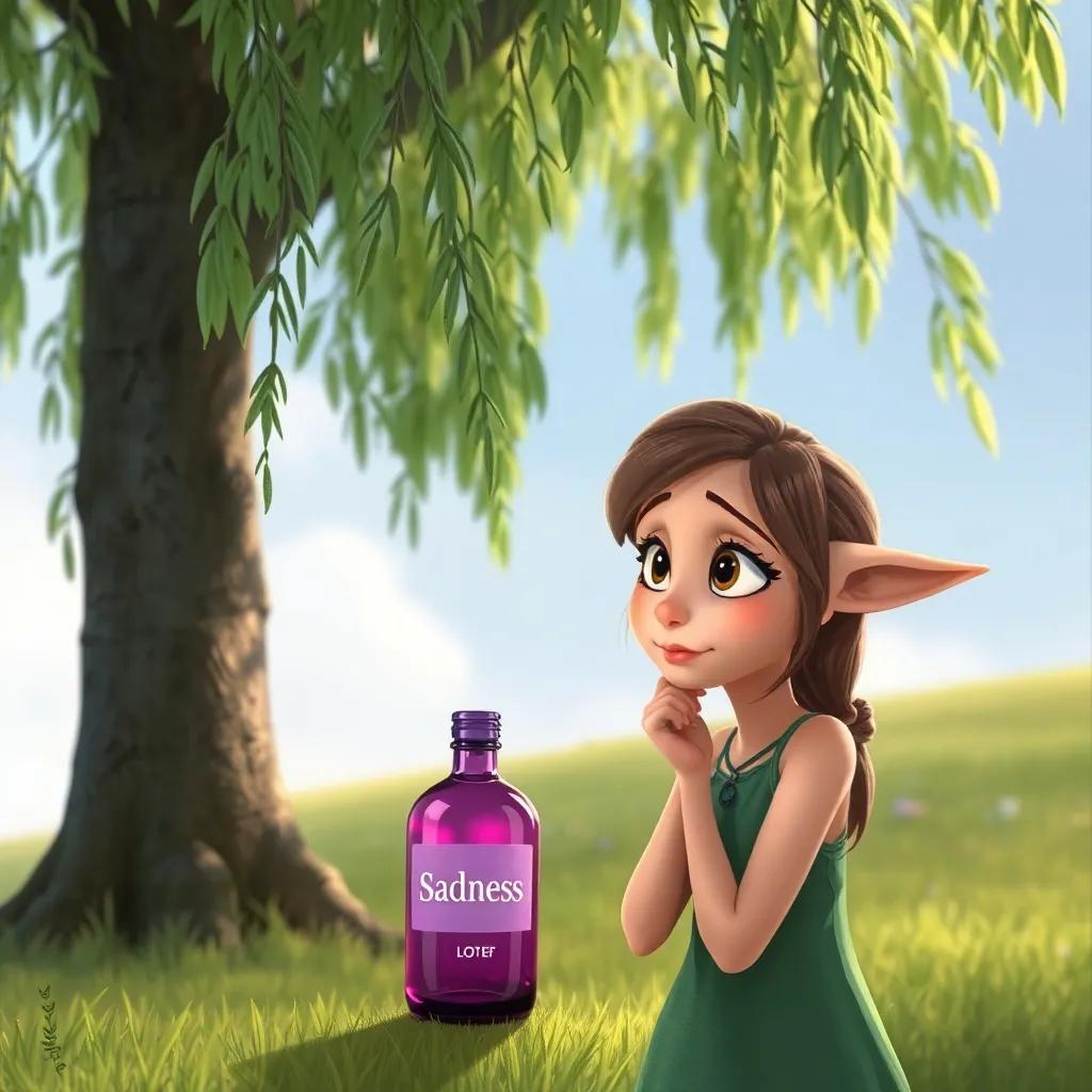Lotef looking thoughtfully at the 'Sadness' color bottle, a thoughtful expression on her face, under a gentle willow tree, serene setting, subtle and reflective, detailed artistic style