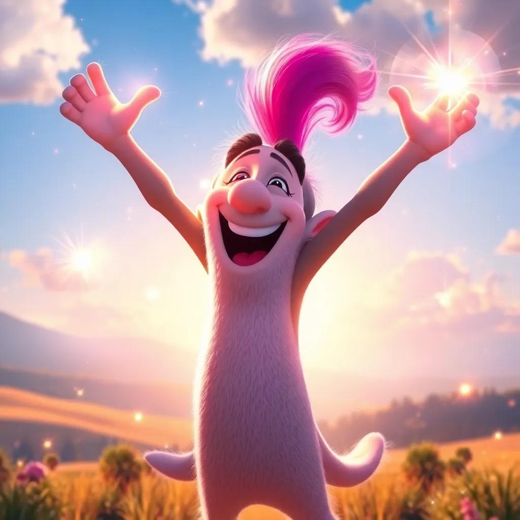 Lotef joyously using the 'Hope' color, surrounded by sparkling light, feeling empowered, a beautiful landscape in the background, dynamic and uplifting, high quality artistic rendering