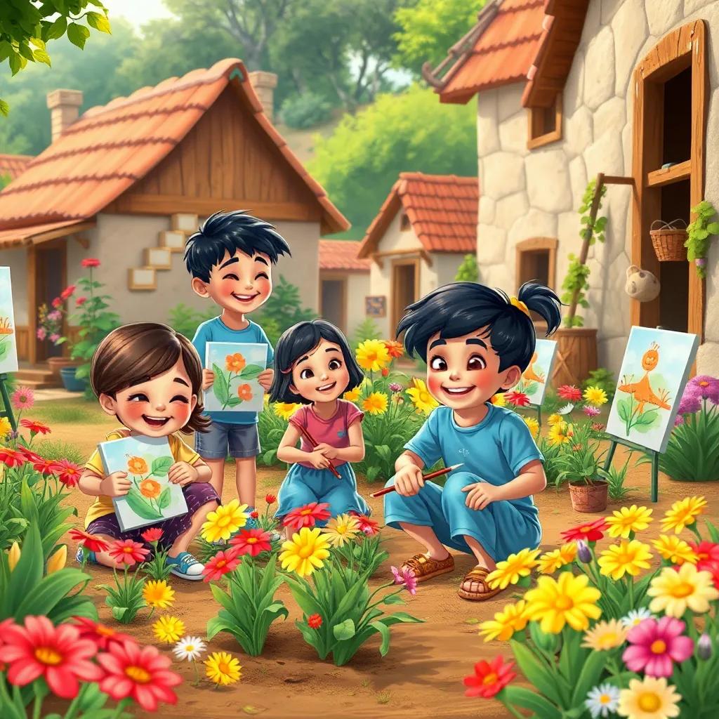Children in the village painting vibrant pictures, planting colorful flowers, laughter in the air, spirit of community and collaboration, lively and joyous scene, detailed illustration, beautiful