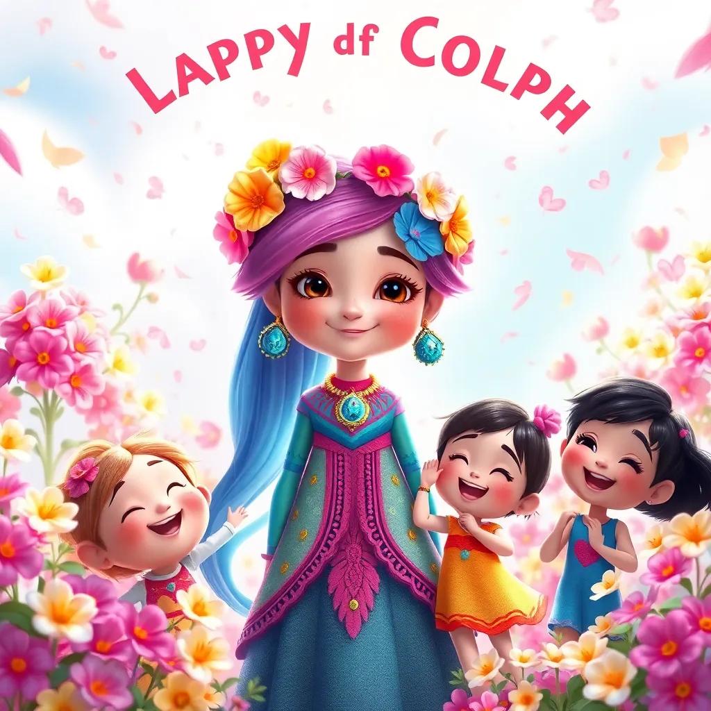 Lotef celebrated as 'Lotef of Colors', surrounded by colorful blossoms and cheerful children, happiness and love around her, magical atmosphere, digital art, visually inspiring, high quality
