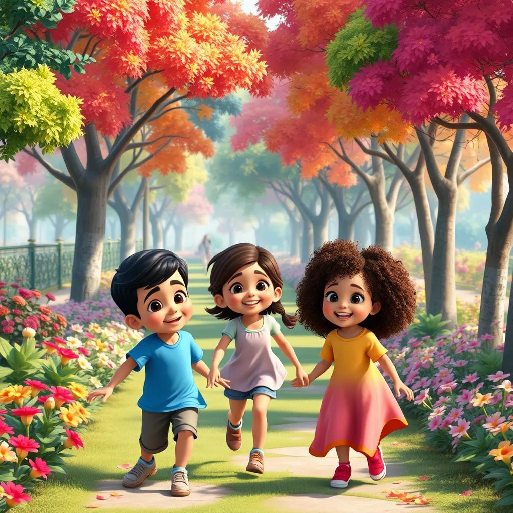 A beautiful park filled with colorful trees and flowers, where three children are playing together happily, Ali, a young Arab boy with short black hair wearing a blue t-shirt, Hind, a young Arab girl with long brown hair wearing a pink dress, and Sarah, a young Arab girl with curly hair wearing a yellow shirt, digital art, bright colors, joyful atmosphere, cheerful perspective, high quality