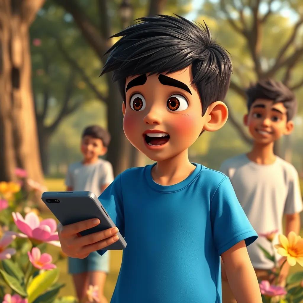 Ali, a young Arab boy with short black hair wearing a blue t-shirt, excitedly explaining the game to his friends in the park, surrounded by blooming flowers, digital illustration, warm sunlight, inviting atmosphere, expressive quality