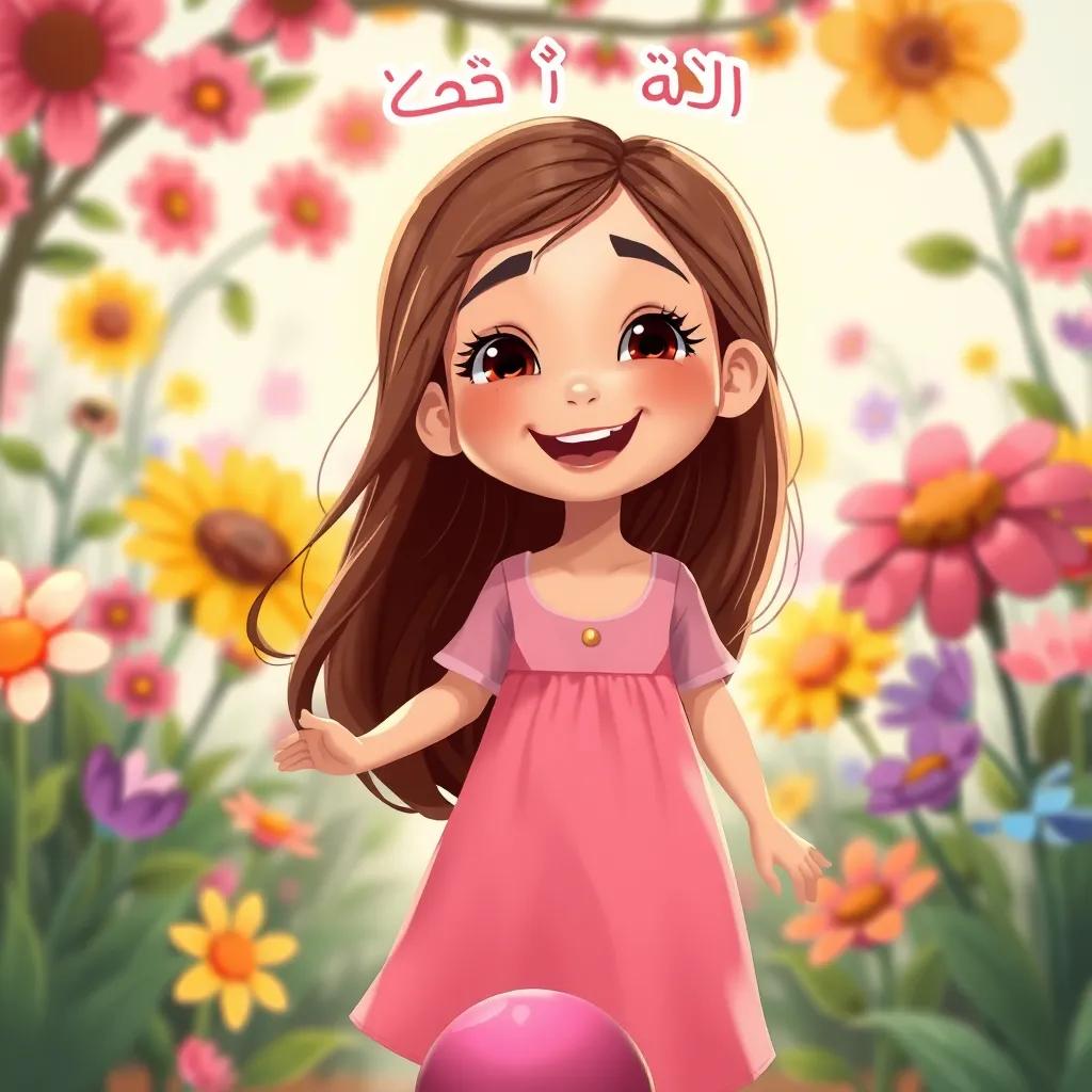 Hind, a young Arab girl with long brown hair wearing a pink dress, joyfully saying, 'أنا ألعب بالكرة' with a ball at her feet, amidst colorful flowers, illustration, cheerful background, bright colors, lively quality