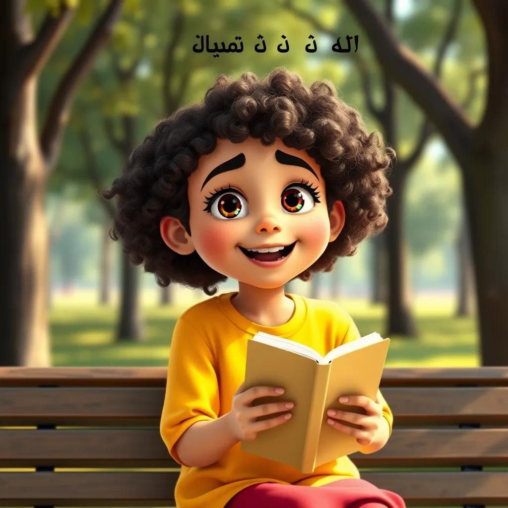 Sarah, a young Arab girl with curly hair wearing a yellow shirt, holding a book with a excited expression and saying, 'أنا أقرأ كتابًا ممتعًا', sitting on a park bench surrounded by trees, colorful, bright light, happy mood