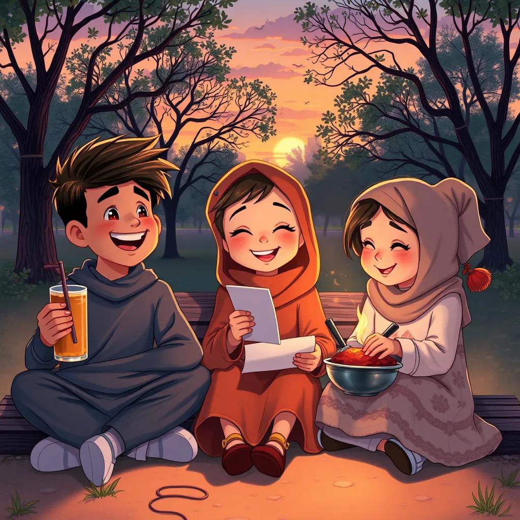 All three children together, laughing and inventing new sentences at sunset in the park, Ali with a drink, Hind writing a letter, and Sarah cooking with her mom in her imagination, detailed illustration, warm colors, cozy atmosphere, heartwarming perspective