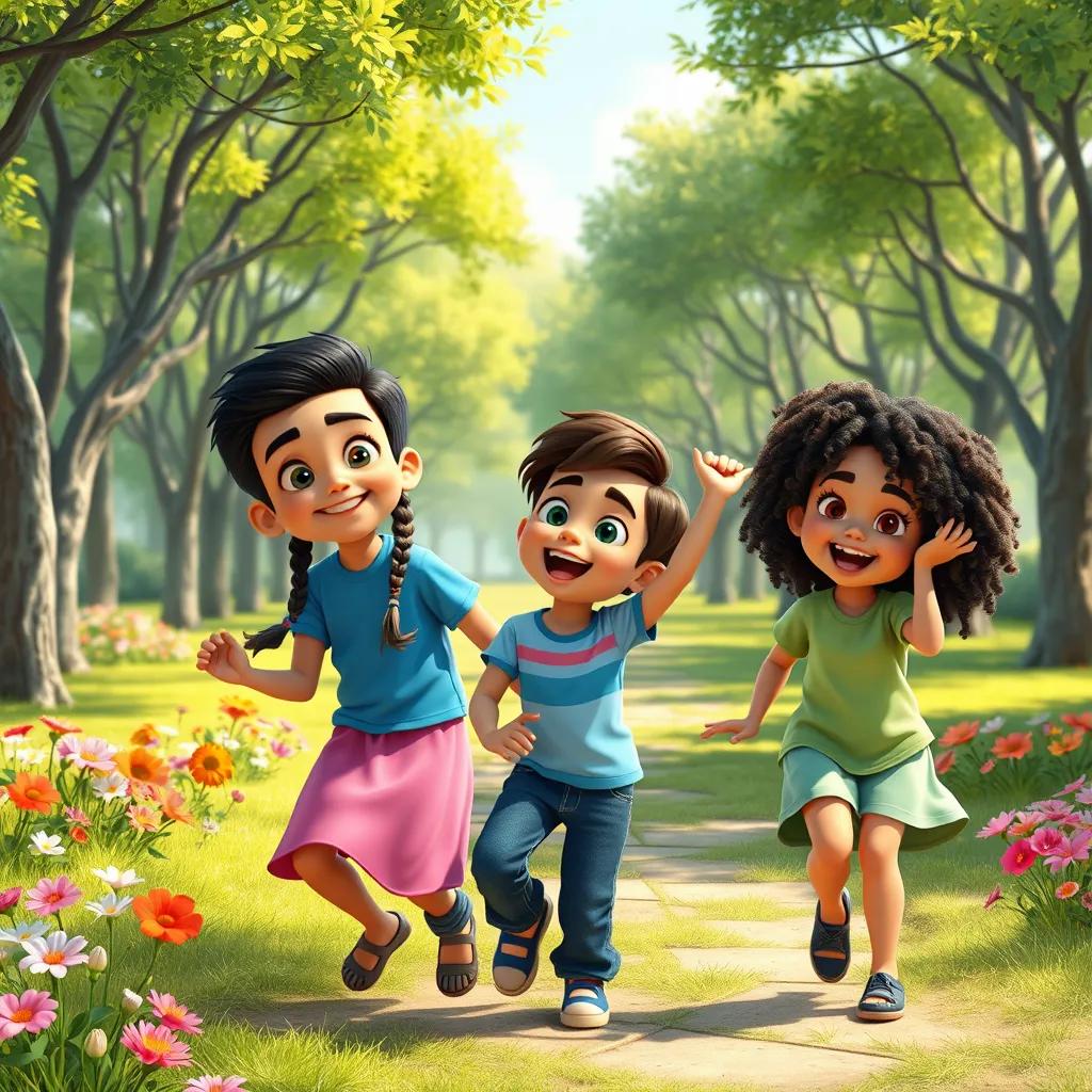 A beautiful park filled with trees and flowers, three children playing together: Ali, a young Middle Eastern boy with short black hair, wearing a blue t-shirt and jeans; Hind, a young Middle Eastern girl with long brown hair in two braids, wearing a pink dress, and Sara, a young Middle Eastern girl with curly black hair, wearing a green shirt and shorts, in a playful pose, digital art, colorful, cheerful atmosphere, bright sunlight