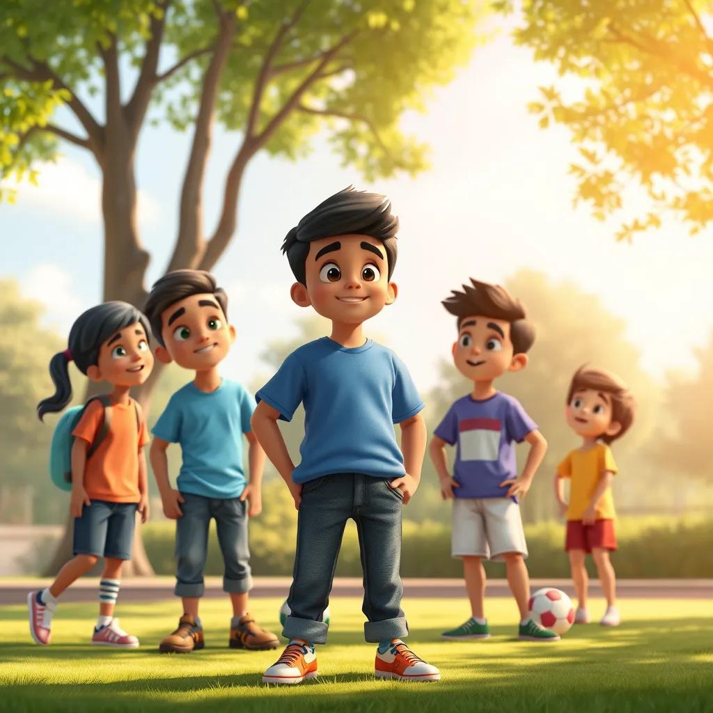 Ali, a young Middle Eastern boy with short black hair, wearing a blue t-shirt and jeans, standing confidently, explaining the rules of the game to his friends in a sunny park, illustration, warm colors, inviting scene, high quality