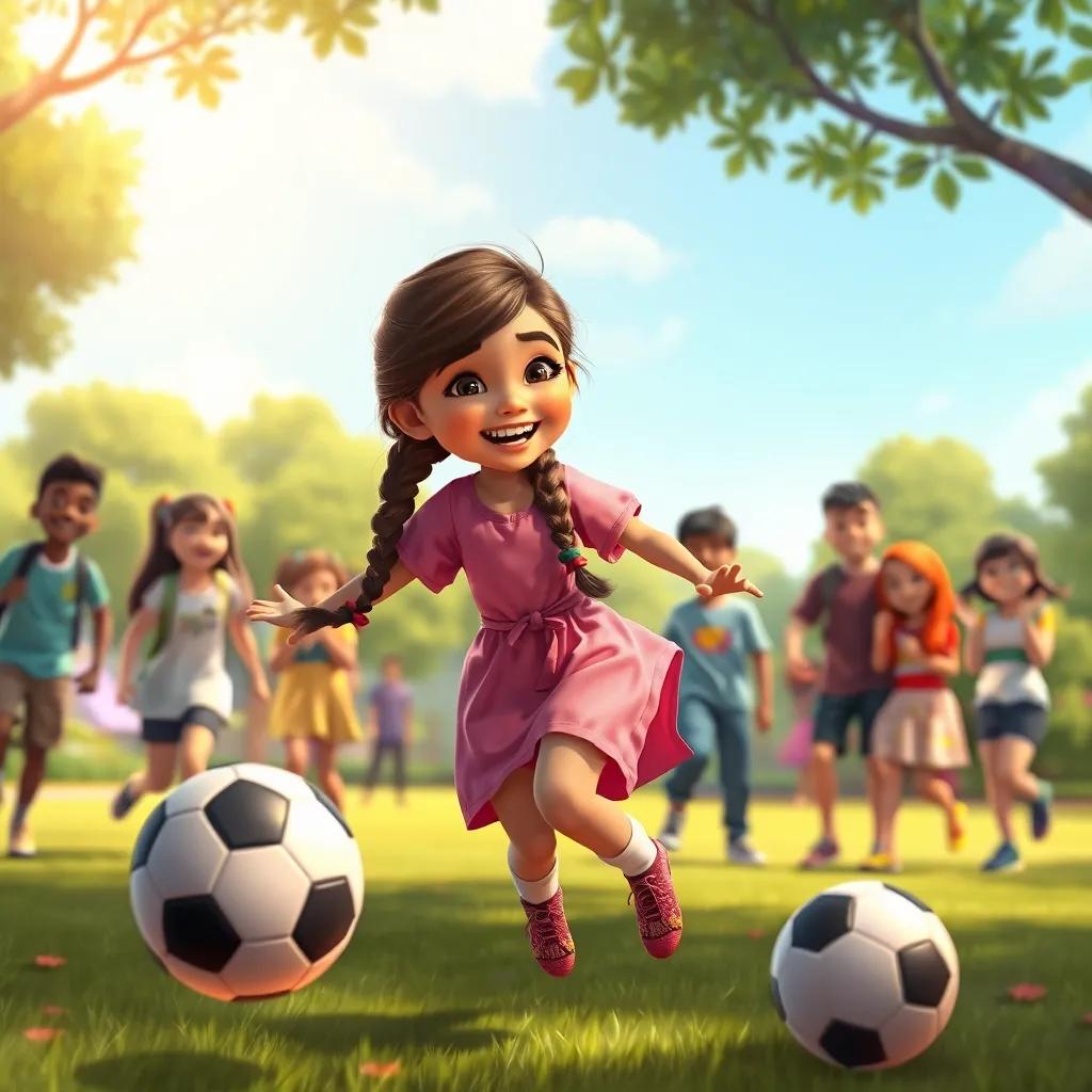 Hind, a young Middle Eastern girl with long brown hair in two braids, wearing a pink dress, happily kicking a soccer ball, surrounded by her friends cheering her on in a vibrant park, digital painting, joyful, action-packed, colorful