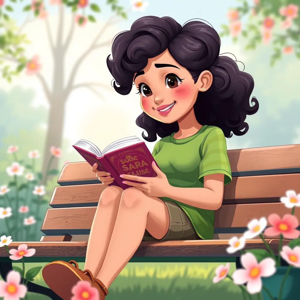 Sara, a young Middle Eastern girl with curly black hair, wearing a green shirt and shorts, sitting on a park bench reading a book with a smile, surrounded by blooming flowers, illustration, vibrant colors, serene atmosphere, child-friendly