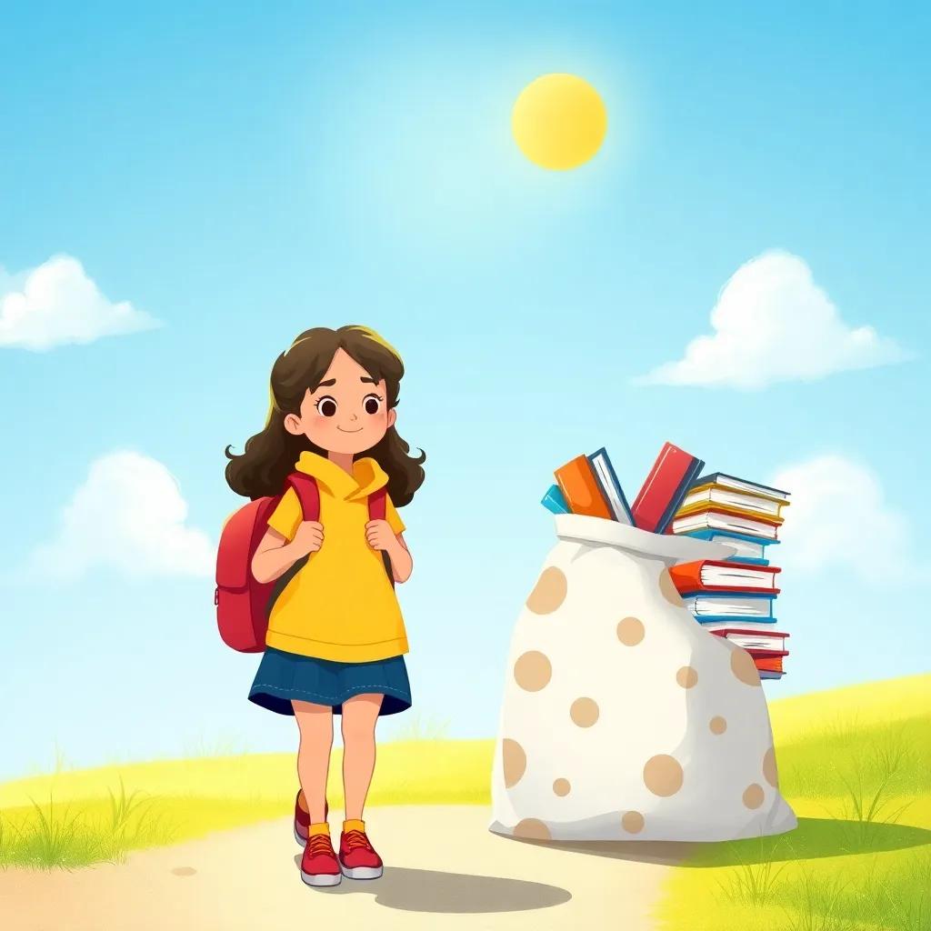 In a sunny morning, Lina is walking to school with her small backpack, and she sees her friend Reem standing sadly beside a huge bag full of books. The sun shines, and the sky is blue, with a few fluffy clouds, digital art, cheerful, warm colors, inviting atmosphere, high quality
