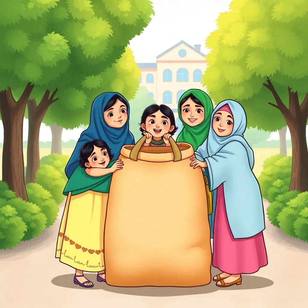 Lina and her friends Sarah, Hind, and Maha gather around Reem's large bag, working together to lift it. They are smiling, showcasing teamwork, surrounded by green trees and a bright school in the background, illustration, bright and colorful, happy teamwork, child-friendly