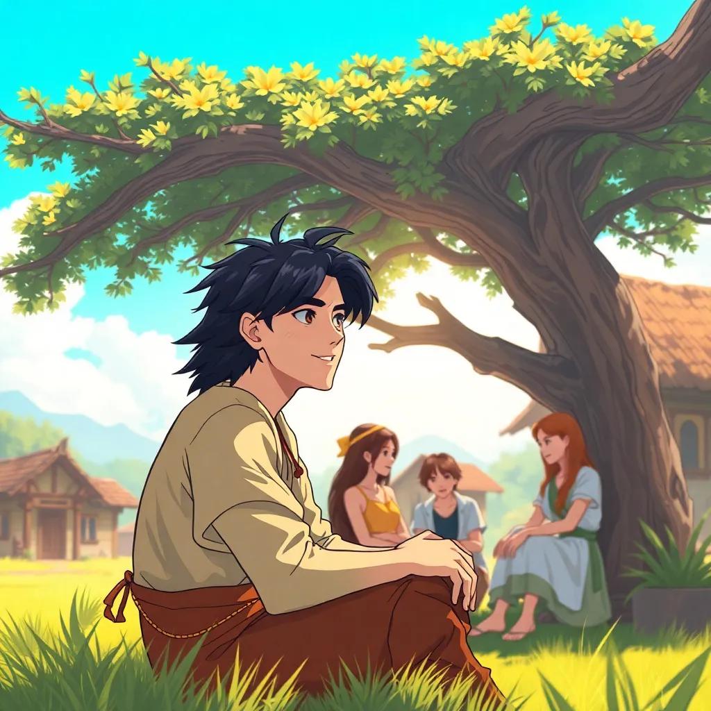 A young man, Harden Raven, with dark hair wearing simple village clothes, sitting under a large tree talking with friends in a small village, bright sunny day, cheerful atmosphere, cheerful art, high quality