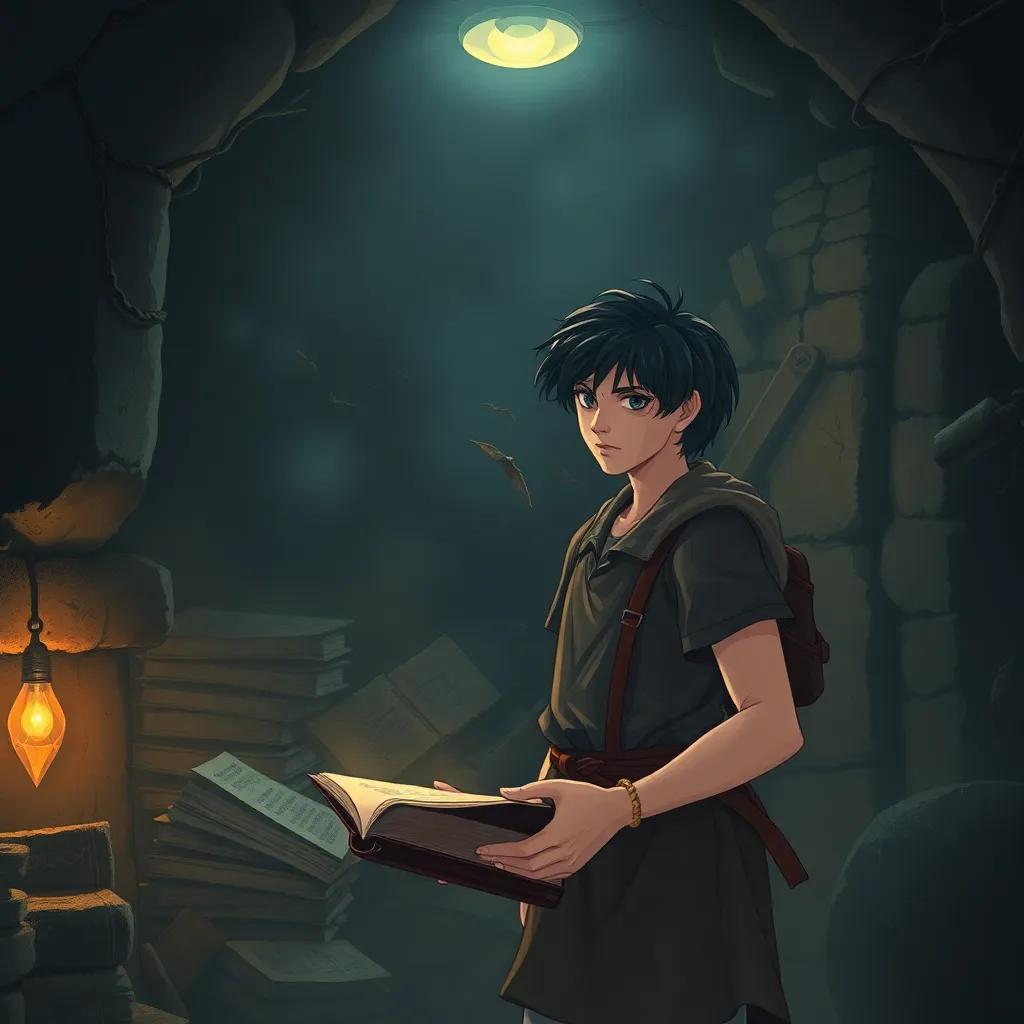 Harden Raven, a young man with dark hair in simple village clothes, finding ancient books in a dark cellar, mystical light illuminating the room, old dusty atmosphere, adventure-themed, illustration, high quality