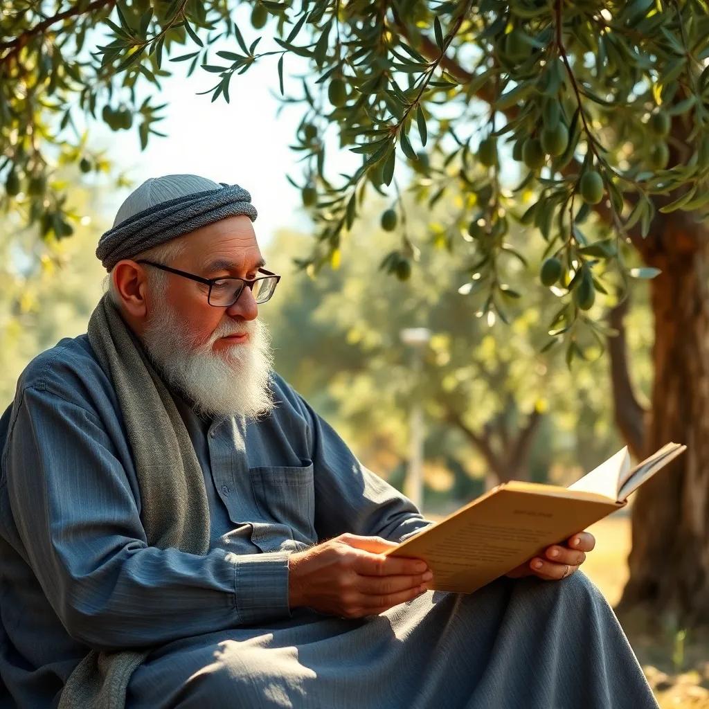 An old Arab man, Rayan's grandfather, with a white beard and glasses, sitting under a green olive tree, listening intently to Rayan's story, surrounded by nature and sunlight filtering through leaves, peaceful and warm, high quality